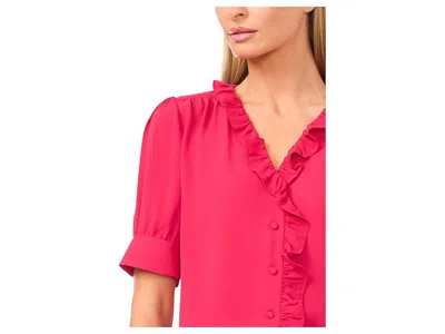Cece Short Puff Sleeve Button Down Ruffled Top In Red