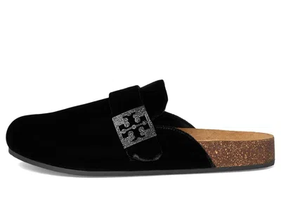 Tory Burch Mellow Black Slip-on Mule With Metallic Logo Buckle In Suede Woman