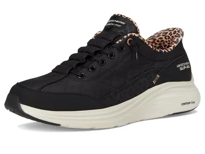 Skechers Wide Width Hands Free Slipins Contour Foam Cozy Fit Leopard Dream Sneaker In Black