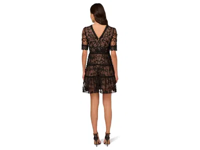 Adrianna Papell Lace Embroidered V Neck Dress With Elbow Sleeves In Black Nude In Multi