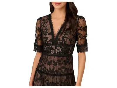 Adrianna Papell Lace Embroidered V Neck Dress With Elbow Sleeves In Black Nude In Multi