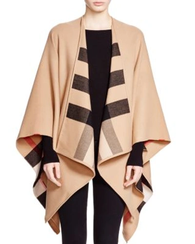Shop Burberry Charlotte Reversible Solid To Check Wool Cape In Camel