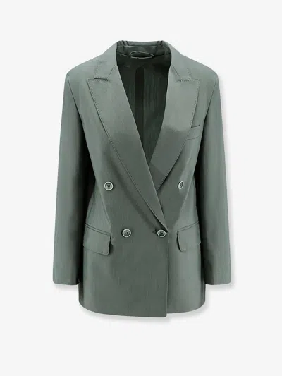 Max Mara Double-breasted Linen Blazer With Pointed Lapels In Green