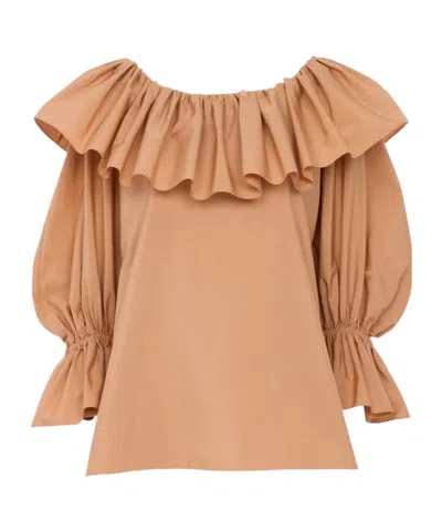 Chloé Ruffled Cotton Blouse With Drawstring Cuffs For Women In Brown