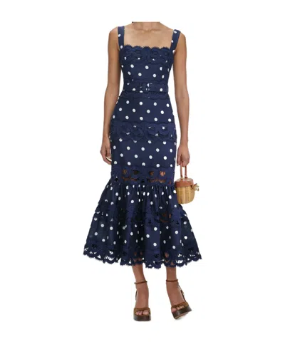 Self-portrait Belted Polka-dot Linen And Cotton-blend Midi Dress In Blue