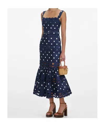 Self-portrait Belted Polka-dot Linen And Cotton-blend Midi Dress In Blue