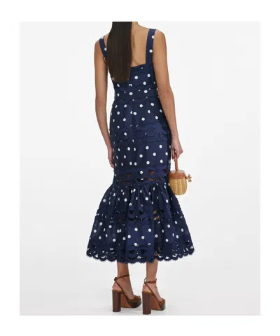 Self-portrait Belted Polka-dot Linen And Cotton-blend Midi Dress In Blue