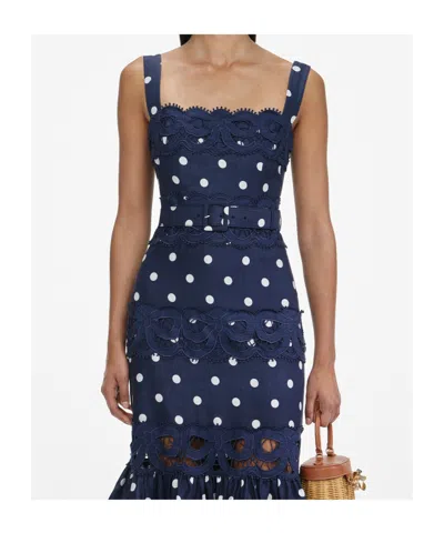 Self-portrait Belted Polka-dot Linen And Cotton-blend Midi Dress In Blue
