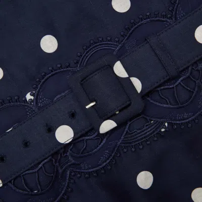 Self-portrait Belted Polka-dot Linen And Cotton-blend Midi Dress In Blue