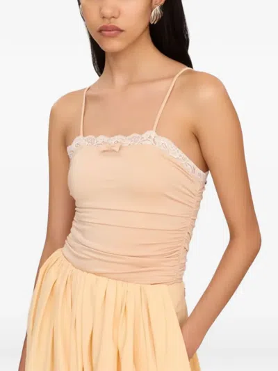 Chloé Lace Trim Ruched Bodysuit Slim Straps In Neutral