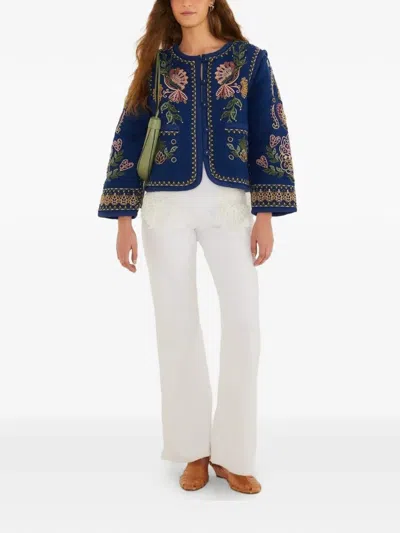 Farm Rio Dark Blue Embroidered Pockets Richelieu Jacket | ModeSens