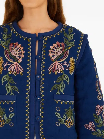 Farm Rio Dark Blue Embroidered Pockets Richelieu Jacket | ModeSens