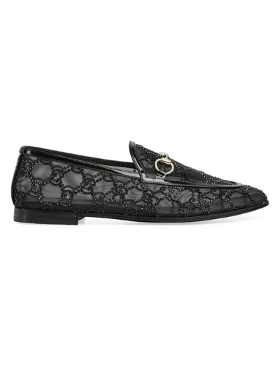 Gucci Almond Toe Mesh Loafers Embellished With Crystals In Black