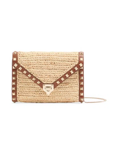 Valentino Garavani Mini Rockstud Raffia Crochet Shoulder Bag In Brown