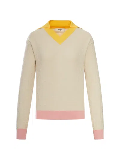 Fendi Knitwear Long Sleeves V Neck Contrasting Collar In Neutral