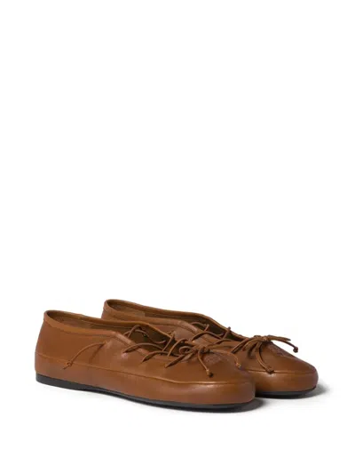 Miu Miu Leather Ballerina Shoes Flat Sole Round Toe In Brown