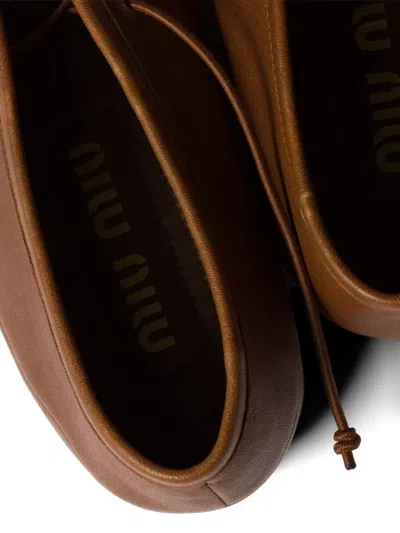 Miu Miu Leather Ballerina Shoes Flat Sole Round Toe In Brown