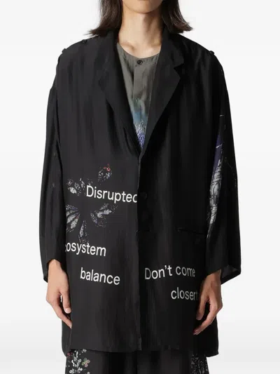 Yohji Yamamoto Buttoned Patterned Silk Jacket In Black