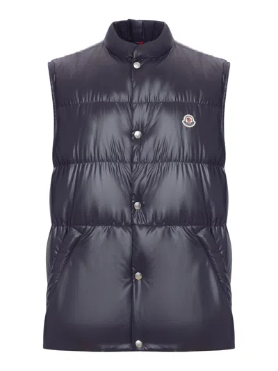 Moncler Restigo Quilted Vest With Logo Patch In Blue