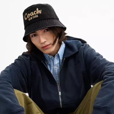 Coach Script Embroidered Denim Bucket Hat In Black