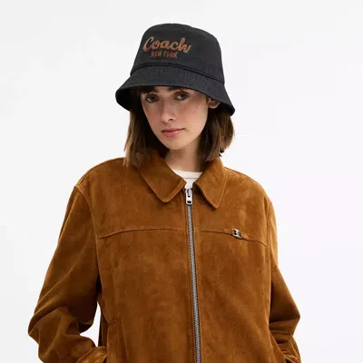 Coach Script Embroidered Denim Bucket Hat In Black