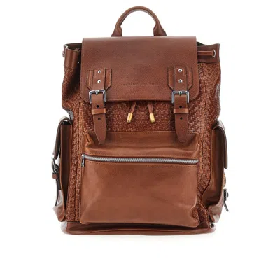 Brunello Cucinelli Men City Backpack In Woven Calfskin And Cowhide Leather In Brown