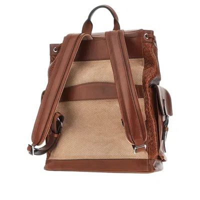 Brunello Cucinelli Men City Backpack In Woven Calfskin And Cowhide Leather In Brown
