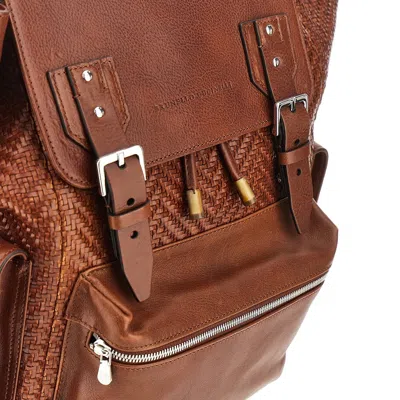 Brunello Cucinelli Men City Backpack In Woven Calfskin And Cowhide Leather In Brown