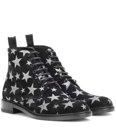 Saint Laurent 20mm Lolita Stars Suede Lace-up Boots In Black/silver
