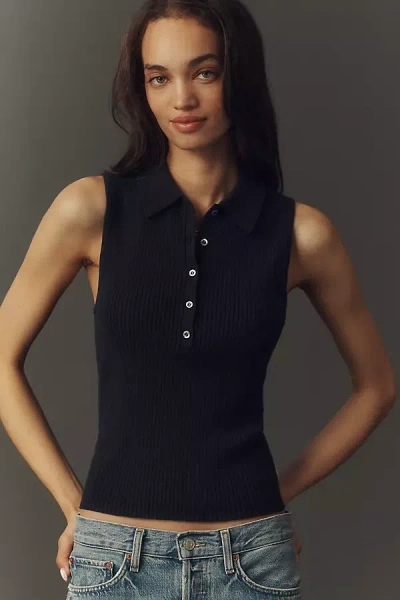 Paige Womens Black Vesta Polo-collar Ribbed Knitted Top