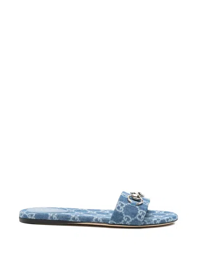 Gucci Flat Sandals Open Toe Patterned Fabric Hardware In Blue