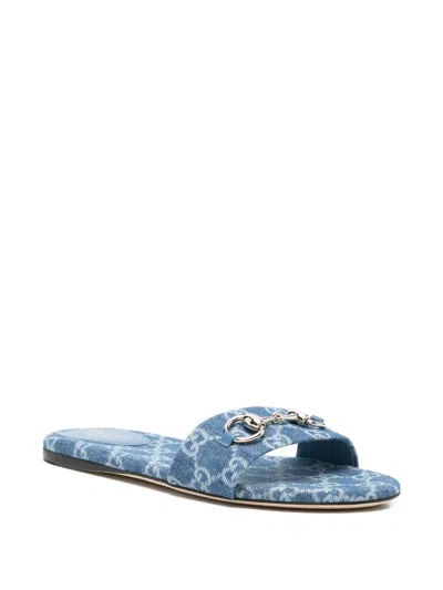 Gucci Flat Sandals Open Toe Patterned Fabric Hardware In Blue