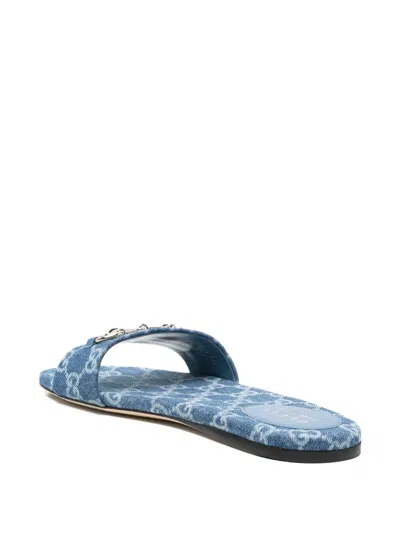 Gucci Flat Sandals Open Toe Patterned Fabric Hardware In Blue