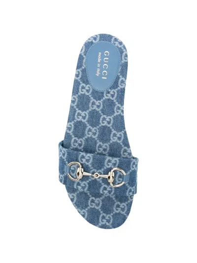 Gucci Flat Sandals Open Toe Patterned Fabric Hardware In Blue