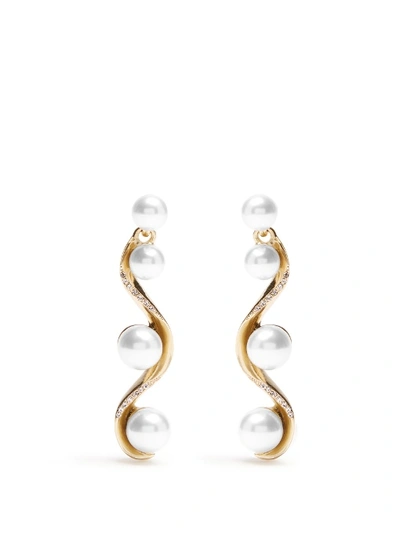 Oscar De La Renta Waved Crystal-pearl Drop Earrings In Gold