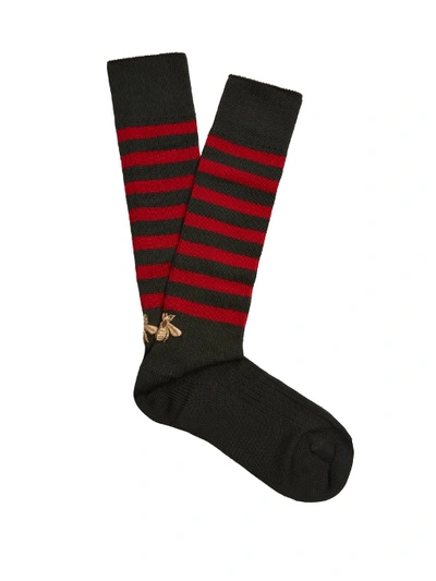 Gucci Gold Bee Striped Ribbed Cotton Socks, Green/red In Forest-green