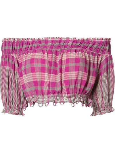 Apiece Apart Oeste Off The Shoulder Top In Purple, Checkered & Plaid. In Pink/purple