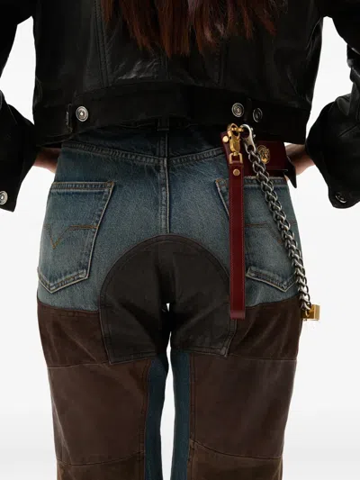 Versace Gender Inclusive Leather Patchwork Straight Leg Jeans In Blue