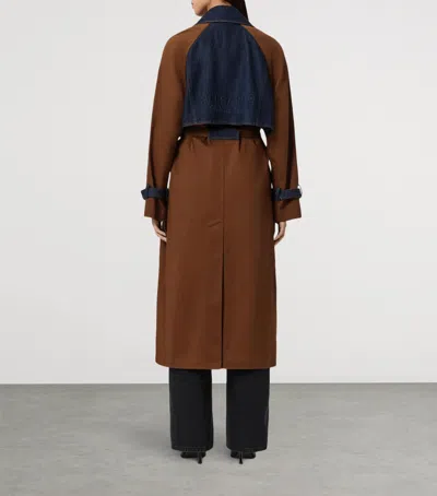 Allsaints Womens Cognac Brown Dayly Denim-panel Relaxed-fit Stretch Organic-cotton Trench