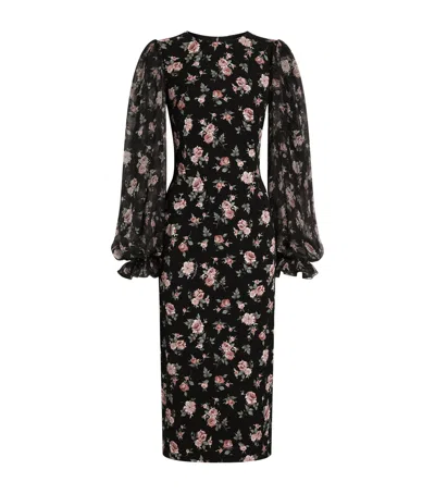 Dolce & Gabbana Women Black Dress With Round Neckline And All-over Floral Motif In Silk Blend Woman