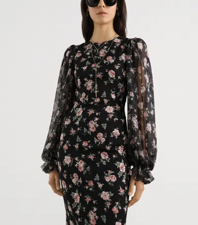 Dolce & Gabbana Women Black Dress With Round Neckline And All-over Floral Motif In Silk Blend Woman