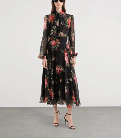 Dolce & Gabbana Rose Bouquet-print Silk Chiffon Neck-tie Blouse In Multi