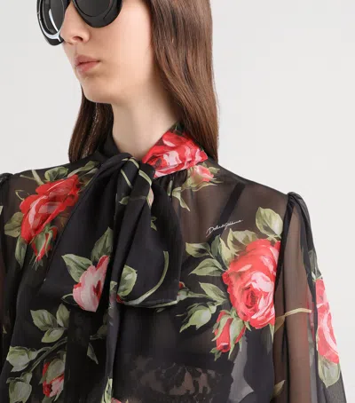 Dolce & Gabbana Rose Bouquet-print Silk Chiffon Neck-tie Blouse In Multi