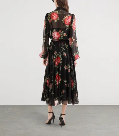 Dolce & Gabbana Rose Bouquet-print Silk Chiffon Neck-tie Blouse In Multi