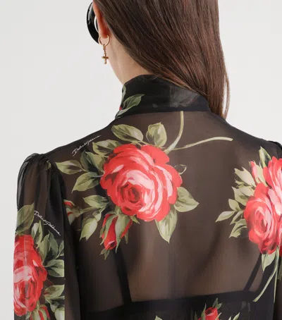 Dolce & Gabbana Rose Bouquet-print Silk Chiffon Neck-tie Blouse In Multi
