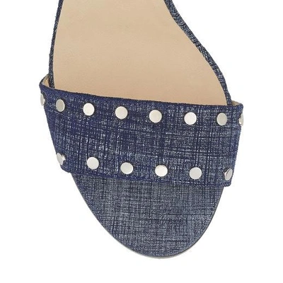 Shop Jimmy Choo Veto 100 Light Indigo Denim Leather Sandals With Silver Studs In Light Indigo/silver