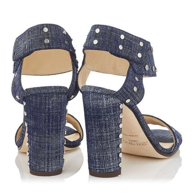 Shop Jimmy Choo Veto 100 Light Indigo Denim Leather Sandals With Silver Studs In Light Indigo/silver