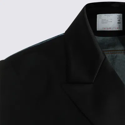 Sacai Womens Black Blue Tailored-contrast Wool And Denim Jacket In Black