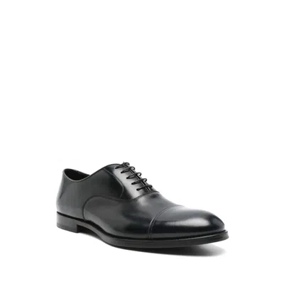 Doucal's Blue Oxford Shoes In Brushed Leather With Toe Cap In Black