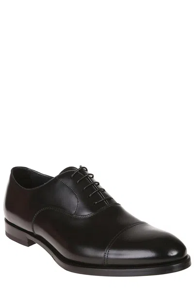 Doucal's Blue Oxford Shoes In Brushed Leather With Toe Cap In Black